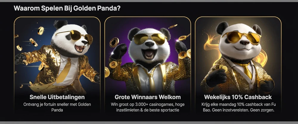 Voordelen van Golden Panda casino, waaronder snelle opnames en 10% wekelijkse cashback.